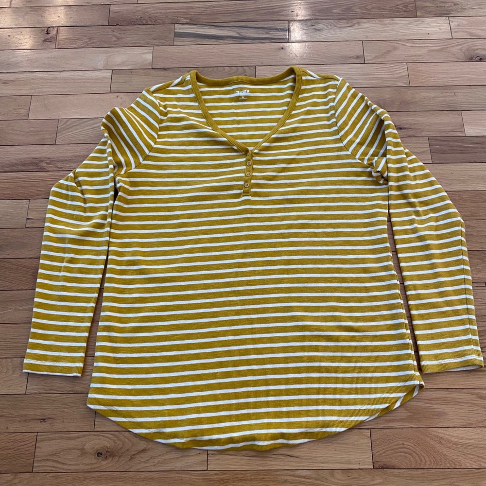 Duluth Trading Co Womens XL Mustard Yellow White Striped Ribbed Henley Top